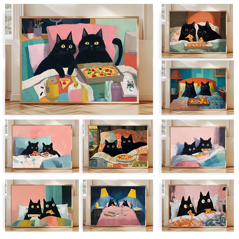 Pet Beds - Two Black Cats Eating Pizza in